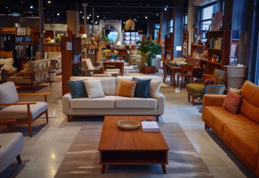 Interior of a furniture store with a variety of options on display. Interior of a furniture store with a variety of options on display.