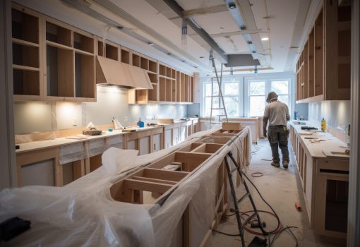 A man stands in a kitchen surrounded by numerous cabinets filled A man stands in a kitchen surrounded by numerous cabinets filled with dishes and cooking utensils, Preparing kitchen for installation of custom new features in modern home improvement, AI Generated