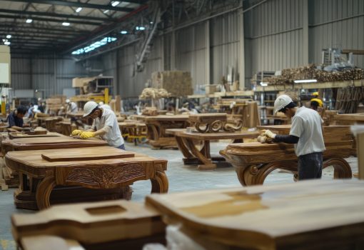 Workers Sanding Ornate Wooden Tables In A Factory Workers Sanding Ornate Wooden Tables In A Factory